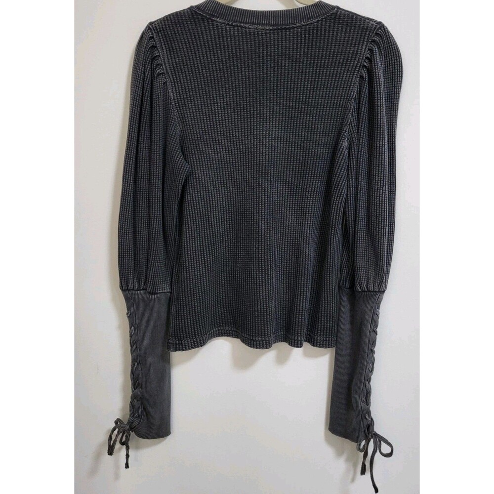 FREE PEOPLE FP One Tasha Thermal Top Women S Black Grey Waffle Knit Lace Up Cuff - Picture 4 of 8